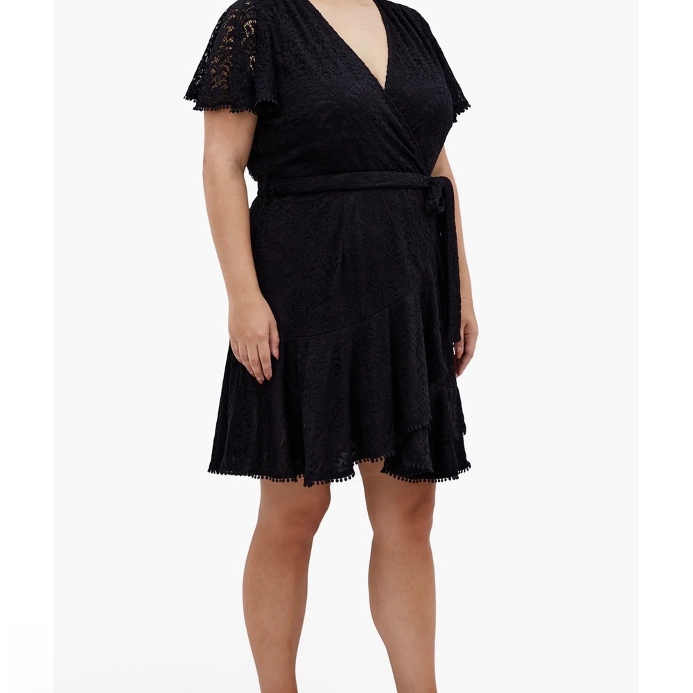 City Chic Sweet Lace Dress Black Plus Size XXL‎ 24 Wrap Flutter Sleeve Pom Pom